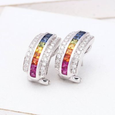 ELIZABETH RAINBOW SAPPHIRE & DIAMOND EARRINGS IN 18K GOLD