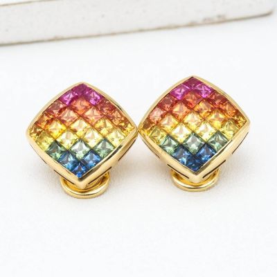 Rainbow Sapphire Diamond Orientation 18K Gold Earrings (4.47ct tw)