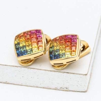 Rainbow Sapphire Diamond Orientation 18K Gold Earrings (4.47ct tw)