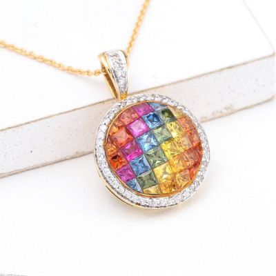 EVA RAINBOW SAPPHIRE & DIAMOND PENDANT IN 14K GOLD