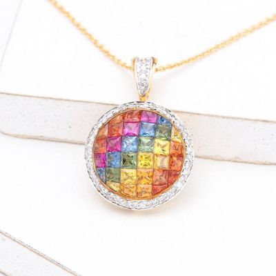 EVA RAINBOW SAPPHIRE & DIAMOND PENDANT IN 14K GOLD