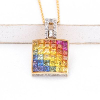 ANGELA RAINBOW SAPPHIRE & DIAMOND PENDANT IN 14K GOLD