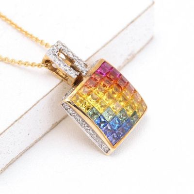 ANGELA RAINBOW SAPPHIRE & DIAMOND PENDANT IN 14K GOLD