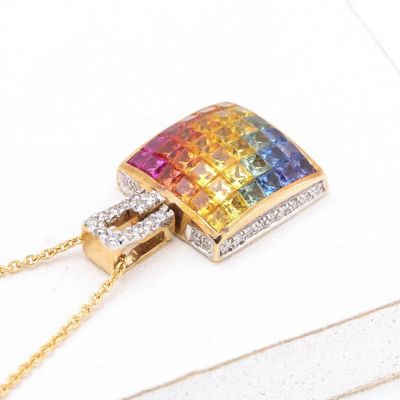 ANGELA RAINBOW SAPPHIRE & DIAMOND PENDANT IN 14K GOLD