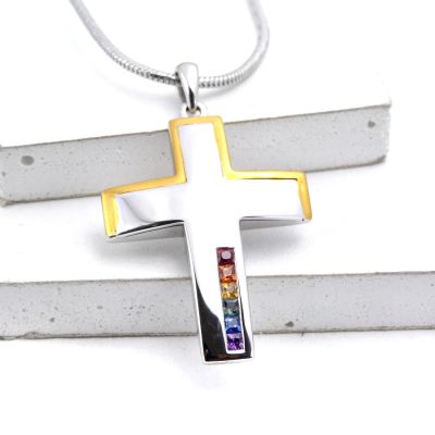 14K Two Tone Gold Rainbow Sapphire Crucifix with Engraving GOD = LOVE BY EQUALLI.COM