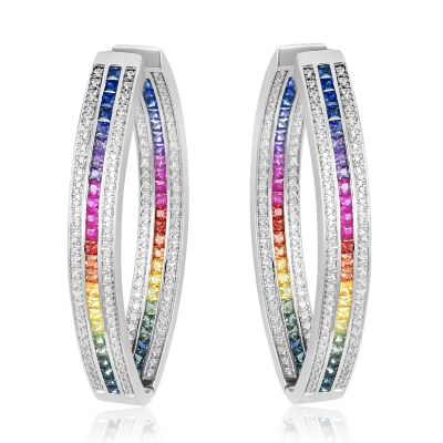 IBIZA LARGE HOOP SILVER EARRINGS 7 CARAT SAPPHIRE SIMULATED DIAMOND