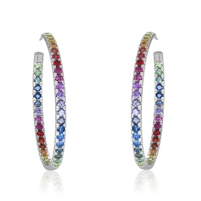 KANSAS CITY RAINBOW GEMSTONE HOOP EARRINGS 7 CARAT PAVE IN SILVER
