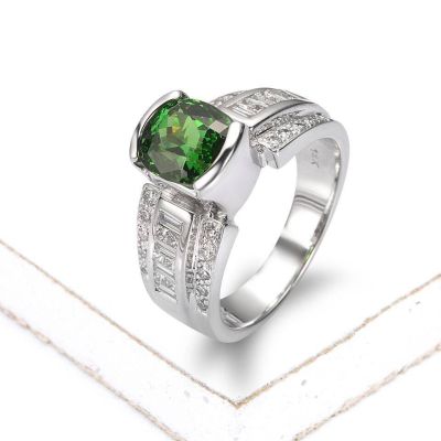 GRETA PRIME TSAVORITE GREEN GARNET & DIAMOND RING IN 14K WHITE GOLD
